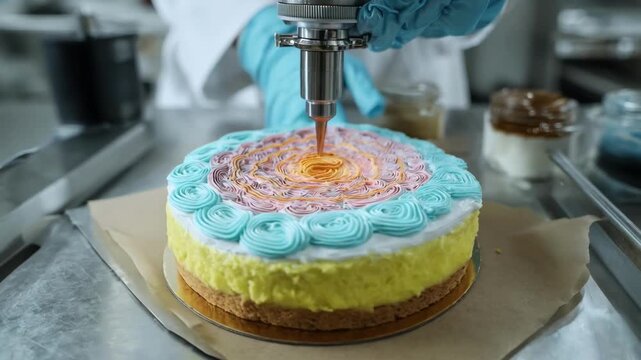 Medium shot of robotic cake decorator applying intricate programmable patterns on cake surface with precise movements and colorful icing in a controlled environment.