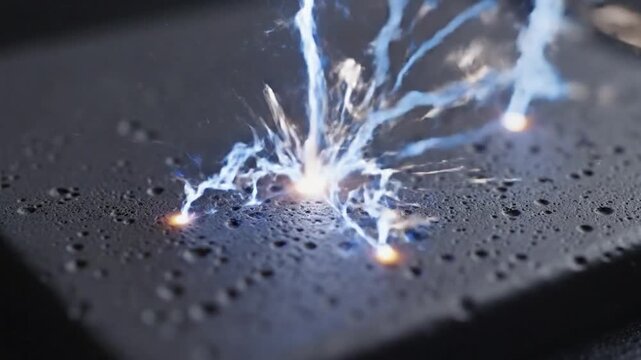 Sparks flying on dark metal surface