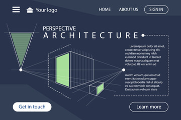 Website page about to architecture with perspective design on dark blue background, Template.