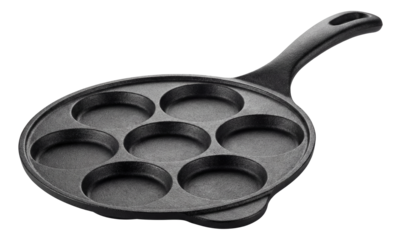 Cast iron pancake pan with multiple molds, perfect for family breakfasts at the cottage.