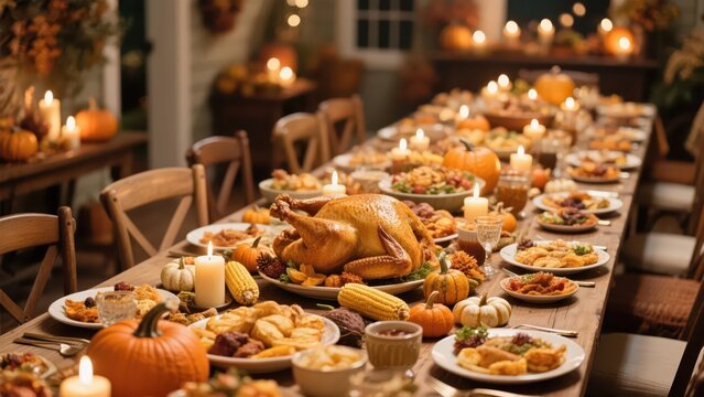 A lavish Halloween-themed dinner fills the long table; turkey and pumpkins create a warm and lively holiday atmosphere.