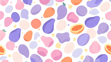 Colorful fruits in soft shades with leaves and segments, arranged playfully on a white background