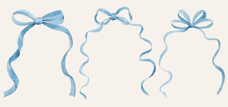Flowing watercolor ribbon bows in soft blue tones. Ideal for frames invitations nursery prints packaging and romantic graphic designs.