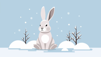 Obraz premium Playful cartoon rabbit in a serene winter landscape with snowflakes and leafless trees