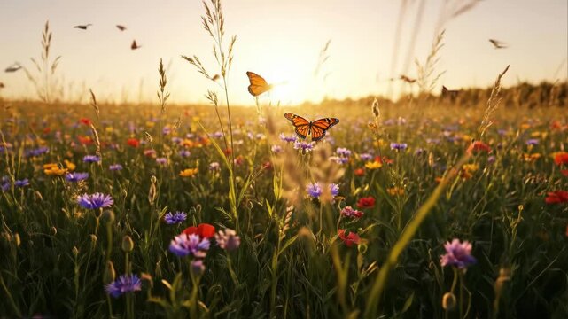 Butterflies flutter above a vibrant wildflower meadow at golden hour.