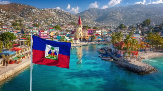 A vibrant scene shows colorful buildings stacked on a hillside. The Haitian flag flutters in the breeze against a blue sky and mountains.