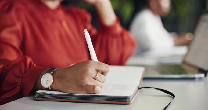 Woman, hands and writing in office with diary for marketing campaign schedule, reminder or laptop. Creative, person or coworking with computer for planner note, advertising calendar or task priority.