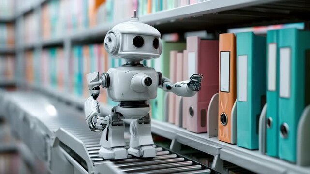 Medium shot of a robot scanning and categorizing files on a conveyor belt illustrating precise and systematic archive organization technology.
