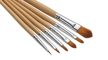 A collection of six artist's paintbrushes with wooden handles and various bristle sizes and shapes, isolated on a clean white background.