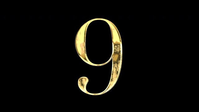 Gold number &ldquo;9&rdquo;, serif, light reflecting and patterns shifting, alpha channel
