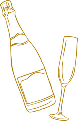 Champagne bottle and glass holiday decoration vector illustration isolated on white background, Line Art