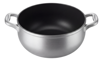 Lightweight aluminum cauldron with non-stick interior, ideal for frying veggies outdoors.