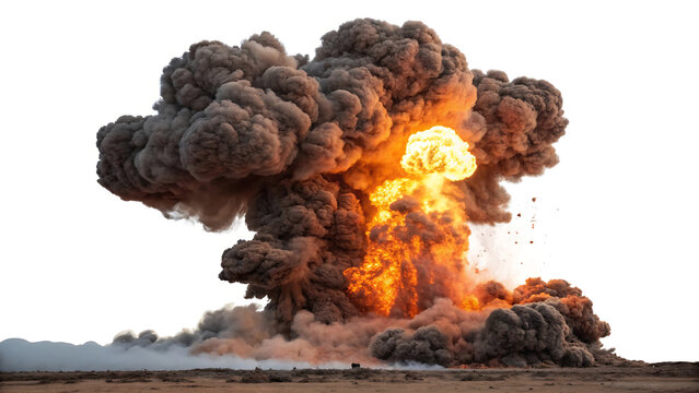Massive explosion with fire and smoke in desert landscape