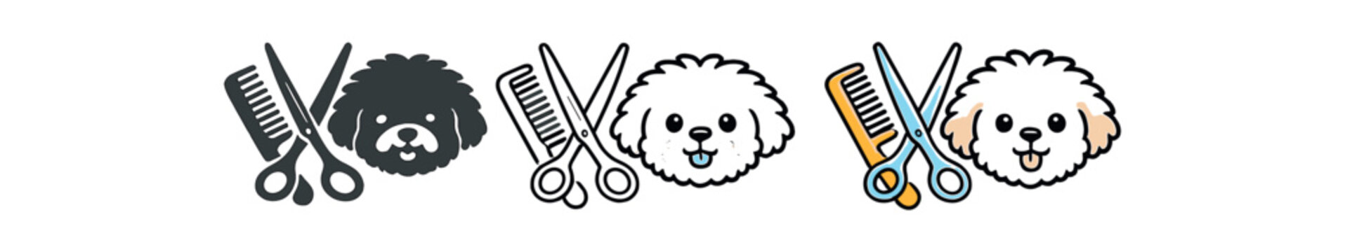 pet grooming comb and scissors crossed next to fluffy dog face