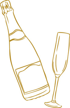 Champagne bottle and glass holiday decoration vector illustration isolated on white background, Line Art
