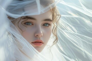 Close up portrait of a beautiful young blond woman with blue eyes, wearing a white veil that gently frames her face
