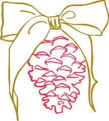 Christmas pine cone ornament with ribbon vector illustration isolated on white background, Line Art