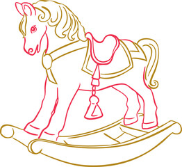 Christmas rocking horse toy vector illustration isolated on white background, Line Art