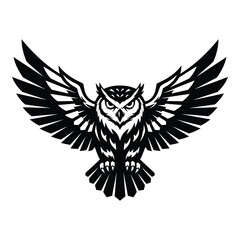 Obraz premium black and white illustration of an owl in flight with spread wings and talons extended