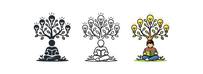 self growth person reading book under tree of ideas