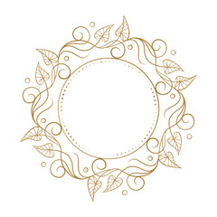 Delicate gold leaf border. Elegant circular foliage vector frame with fine curved ornament