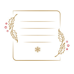 Rounded corner square Christmas vector frame with holly and snowflake