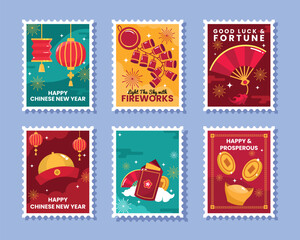 New year celebration postage stamps collection, festive holiday illustrations for greeting cards and invitations, happy new year
