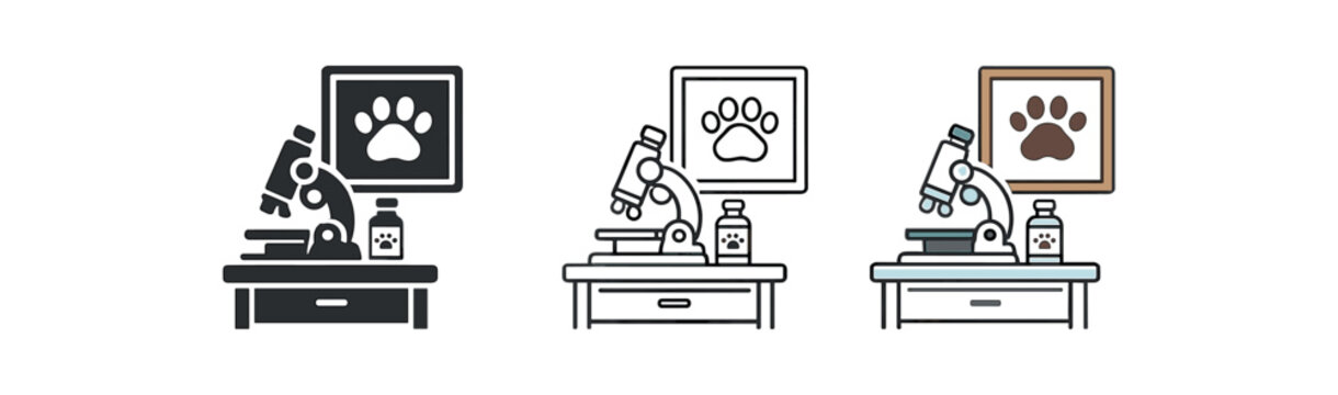 veterinary care small microscope on vet table with paw poster behind