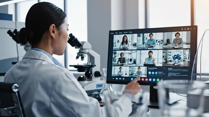 Young Asian Woman in White Lab Coat Conducting a Virtual Meeting in a Bright Lab with a Microscope and Scientific Equipment Visible on a Table