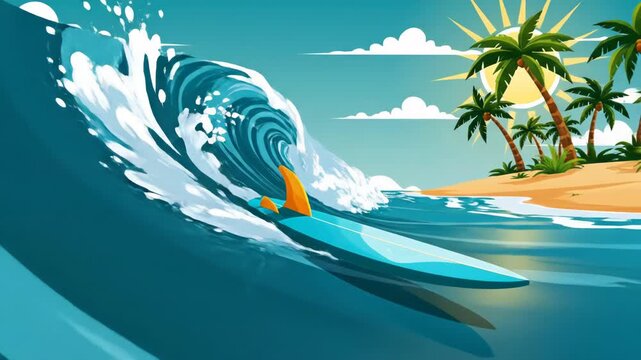Vibrant surfing scene with a blue surfboard riding a large ocean wave.