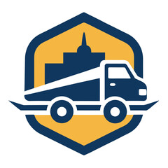 Modern logistics emblem featuring truck transporting goods within shield shape