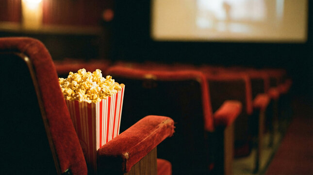 Close-up of popcorn bucket inside a cinema theater