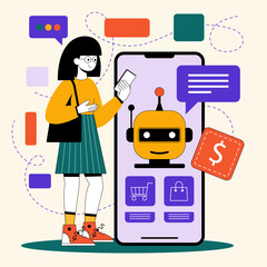 Chatbot assists user with customer support for online shopping tasks in vector style