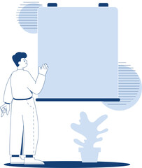 Character explains a topic while pointing at a blank board in a flat vector style