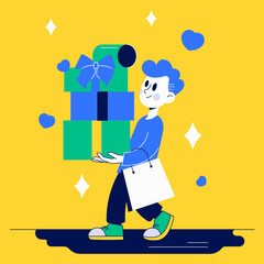 Person carries a tall stack of holiday presents while walking on a bright background