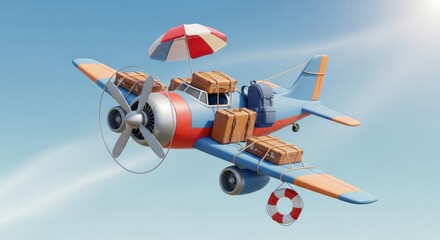 Cartoonish single engine airplane overloaded with luggage flies across a bright blue sky