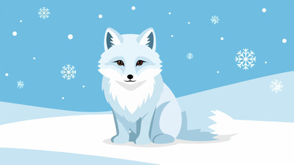 White fox sitting in a snowy landscape with a blue sky and drifting snowflakes