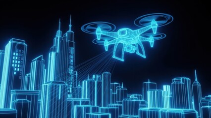 Obraz premium Advanced urban drone technology scanning a digital city grid, illustrating smart city development