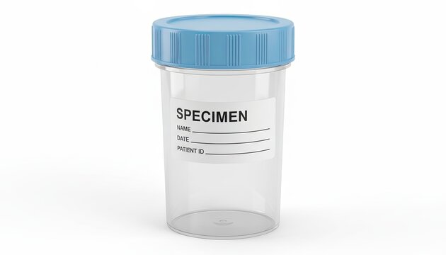 Medical specimen container with blue cap and label isolated on white background laboratory diagnostics concept
