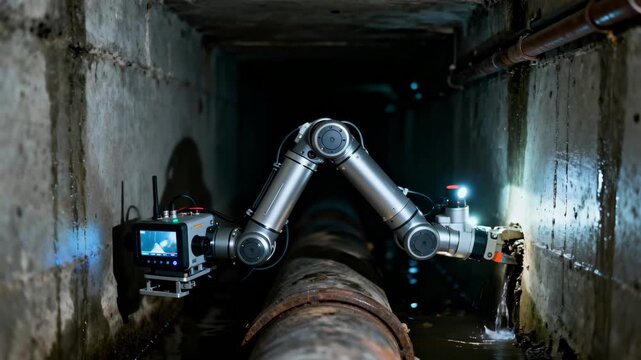 Medium shot of an advanced robotic arm maneuvering through narrow sewer pipes capturing highresolution video in dimly lit environments to identify blockages.