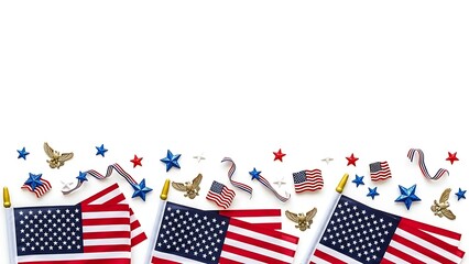 Obraz premium American Flags with Stars and Ribbons on White.