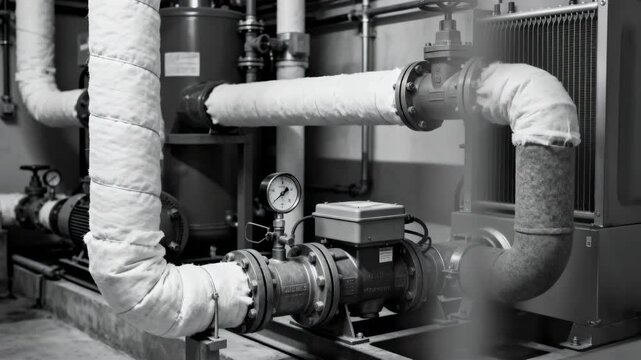 Industrial boiler room medium frame featuring insulated pipes and strategically placed components to maximize heat distribution in limited space.