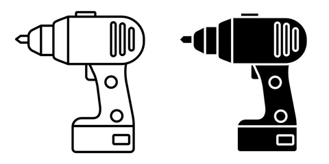 Cordless Drill Icon Set in Black and White, Outline and Solid Style