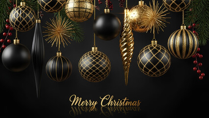 Elegant black and gold Christmas ornaments hanging from tree branches