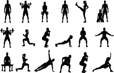 Fitness Exercise Silhouette Collection Showing Strength Training, Cardio And Workout Poses, Black Gym People Vector Icons Isolated On White Background