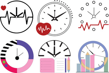 A set of minimal interface-style icons including heartbeat symbols, clock indicators, labels, useful for dashboards, apps, or infographics.