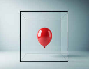 Red Balloon Floating Inside Transparent Glass Cube on Minimalist Background