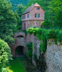 A historic pink stone building stands prominently above a stone bridge and ivy-covered walls in a lush forest. This serene architectural shot is ideal for travel guides and history projects.