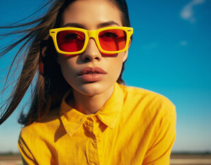 Energetic Glamour Portrait of Stylish Woman Wearing Bright Yellow Outfit and Colorful Sunglasses