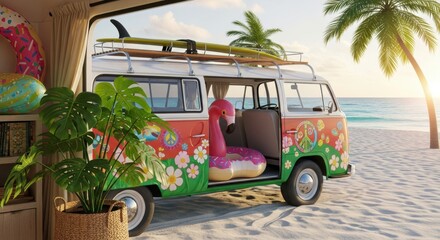 Classic recreational vehicle decorated with colorful decals parked near tropical ocean shore at sunset